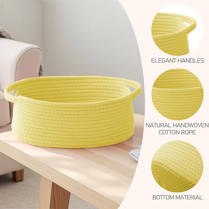 JMvicyroam Small Woven Basket, Empty Gift Basket, Yellow/2 Pack | Small Gift Basket, Cotton Rope, 12 x 8 x 40 in, Handles, Includes Ribbon and Bag, Birthday Gift Basket