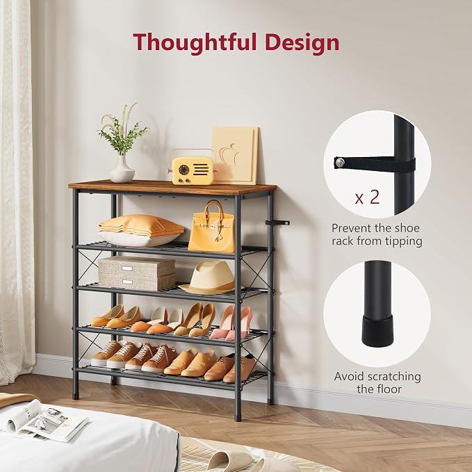 5 Tier Shoe Rack for 16-20 Pairs of Shoes, Rustic Brown & Black | Sturdy & Durable, X Shape Fixed Frame, Metal Mesh Shoe Shelf, Industrial, For Closet, For Entryway Shoe Storage