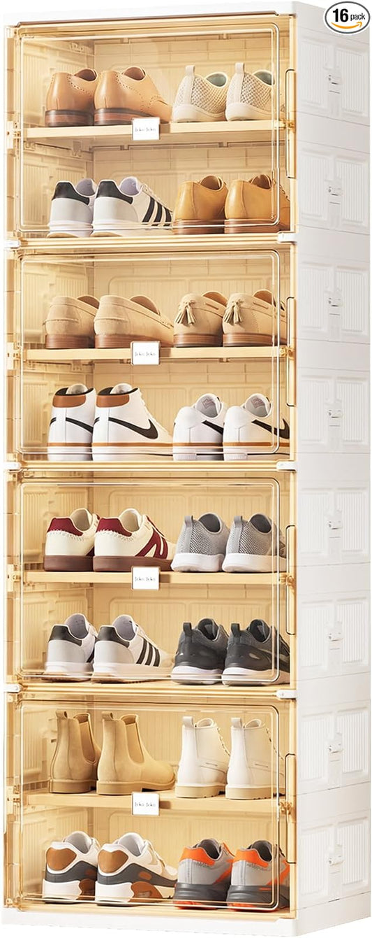 JEKO&JEKO 8 Tiers Foldable Shoe Rack Organizer Cabinet for Closet Entryway, Large Collapsible Shoe Storage Box with Magnetic Doors (White)