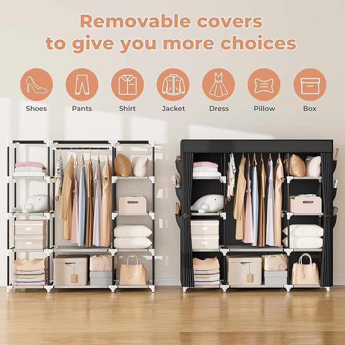 VTRIN Portable Closet Wardrobe for Hanging Clothes 57.3 Inch Large Capacity Clothes Rack with Cover, 10 Storage Organizer Shelves, 1 Hanging Rods and 6 Pockets, Free Standing Closet for Bedroom, Black
