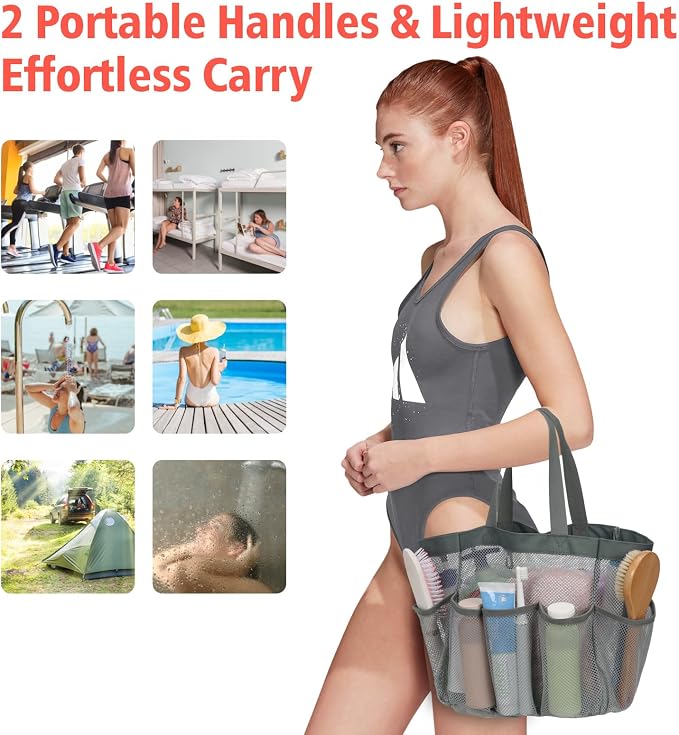 Mesh Shower Caddy Portable - 8 Pockets, S-Hook, Shower Bag for Dorm Camping | 2-Handle, Quick-Dry, Hanging Toiletry Organizer, College Dorm Room Essentials for Girls, Gym, Travel & Bathroom, Grey