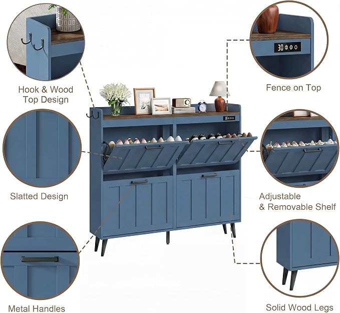 ChooChoo Shoe Storage Cabinet with 4 Flip Drawers and Deodorizer | Shoe Organizer Storage for Entryway, Freestanding Hidden Slim Narrow Shoe Rack Cabinet, Blue