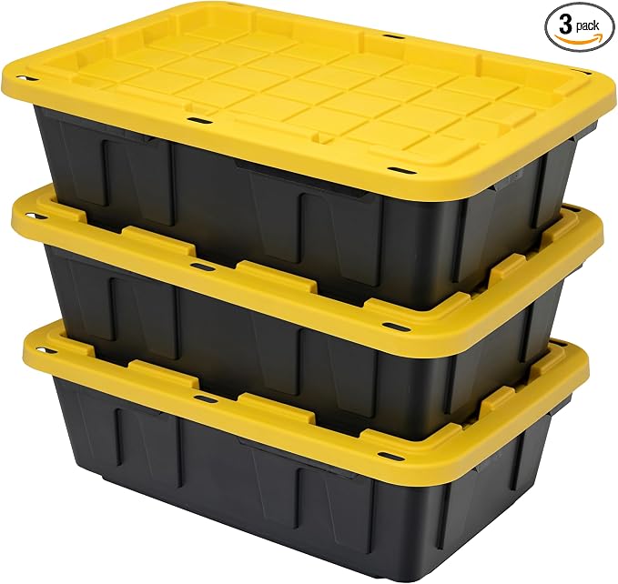 CX Heavy Duty 15-Gallon Stackable Plastic Storage Bins with Lids, 3 Pack | Storage totes for garage organization, Stackable containers, weather-resistant, snap lid, 9.5H x 20.6W x 30.6D, Black/Yellow