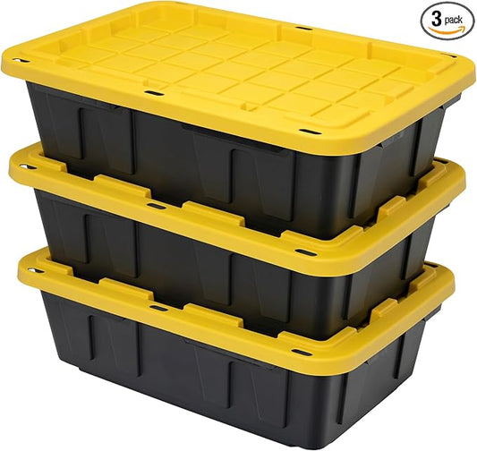 CX Heavy Duty 15-Gallon Stackable Plastic Storage Bins with Lids, 3 Pack | Storage totes for garage organization, Stackable containers, weather-resistant, snap lid, 9.5H x 20.6W x 30.6D, Black/Yellow