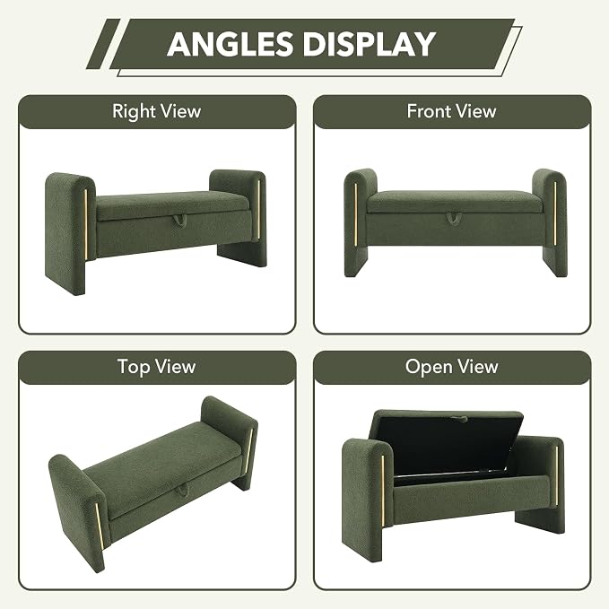 52" Flip-Top Storage Ottoman Bench, Teddy Entryway Bench (Green) | Teddy Fleece Upholstered End of Bed Bench with Armrests, Soft Padded Window Bench for Living Room Bedroom Entryway