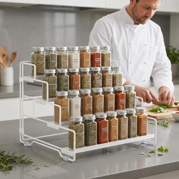 4 Tier Adjustable Spice Rack Organizer for Cabinet & Countertop | Adjustable-Depth Shelves, Tiered Visible Display, Raised Edge Guard, Vertical Space Saver, Metal Construction, White