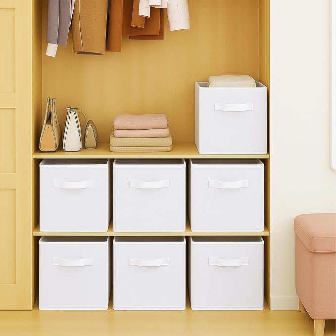 PowerKing Collapsible Storage Cubes, Farbic Storage Bins, White, 2 Pack | Sturdy, Lightweight, Easy Pull Handle, Closet & Shelf Organizer, Clothes and Toys Storage, 10.5'' x 11'' x 10.5''