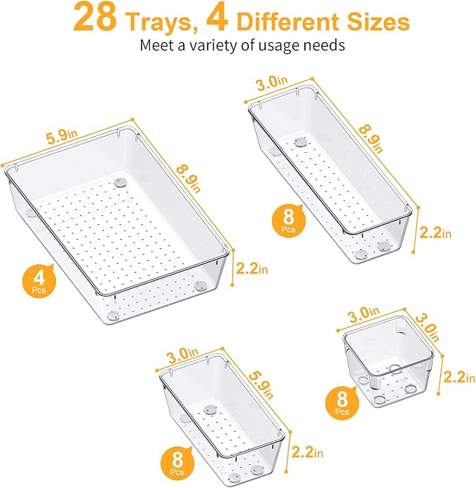 SMARTAKE 28 Piece Drawer Organizers with Non-Slip Silicone Pads, 4-Size | Clear Desk Bathroom Drawer Organizer Trays Storage Tray for Makeup, Jewelry, Utensils in Bedroom Dresser, Office and Kitchen