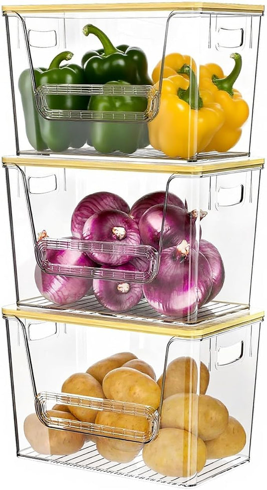 Delamu 3 Pack Pantry Organizers and Storage,Trash Bag Dispenser with Bamboo Top,Stackable Trash Bag Dispenser Under Sink Organizer for 4-30 GalBags,Onion,Potato,Fruits,Clear