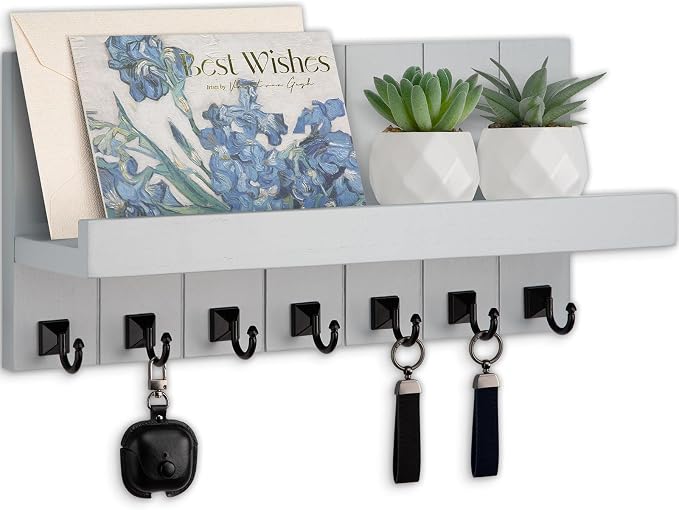 Key Holder for Wall, Decorative Key Holder with Shelf, Key and Mail Holder Wall Mount, Farmhouse Decor with 7 Key Hooks for Keys, Coats, ect.
