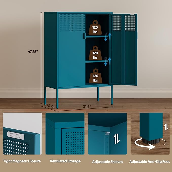 3-Tier Metal Storage Cabinet with 2 Adjustable Shelves & Mesh Doors | Metal Locker Accent Cabinet with Legs, Blue Storage Cabinets, Metal TV Stand Cabinet for Home Office, Entryway & Hallway