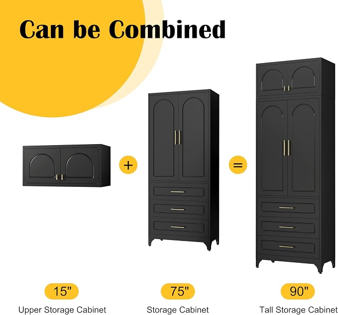 SteeLoong 90”Kitchen Pantry Cabinet, Metal Storage Cabinet with 3 Drawers | Black Pantry Cabinets for Kitchen Storage with 2 Adjustable Shelves,Tall Freestanding Cupboard for Living Room,Kitchen,Garage