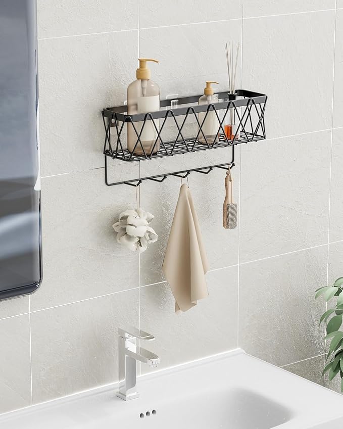 Key Holder Wall Mount Adhesive- Key and Mail Holder for Wall with 5 Hooks, Wall Mounted Mail Organizer and Key Rack, Modern Basket Key Hanger for Entryway, Home, Living Room Wall Decor, Black