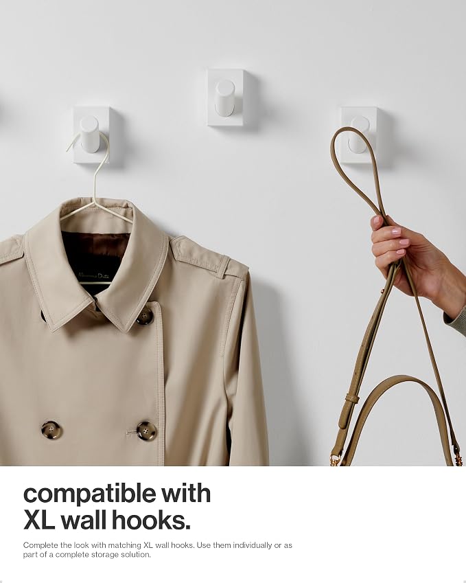 LARHN Wall Mounted Coat Rack, White with 5 Heavy-Duty 1" Diameter Hooks | (2-Pack), 16.5" - Wall Hook Rack - Modern Scandinavian Home Decor