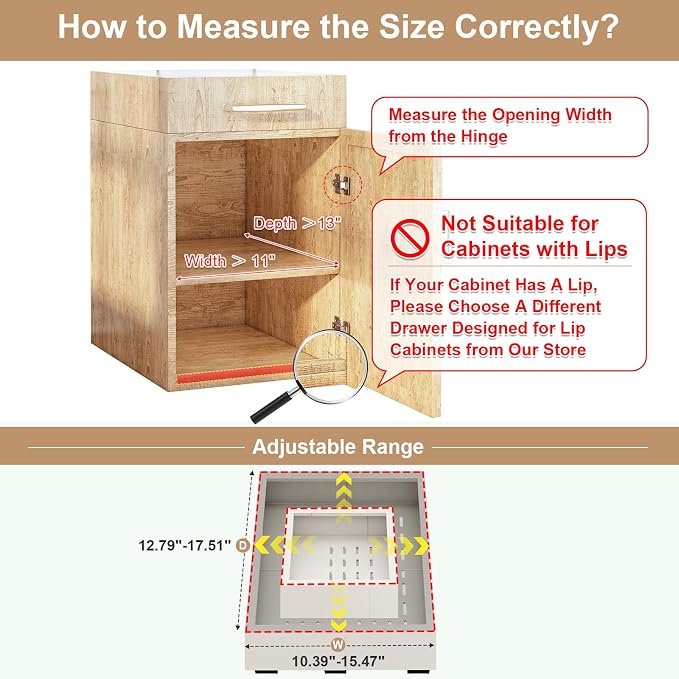 Pull out Cabinet Organizer,3 Sliding Rails,Width (11"-16"),Depth (13"-17") Expandable,No Drill Adjustable Slide out Drawers for Kitchen,Pantry, Adhesive Roll out Shelves,for Cabinets Without Lip,White