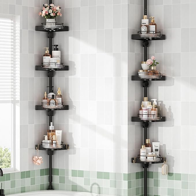 360° Rotating Corner Shower Caddy Tension Pole Organizer (Black) | 4-Tier rotating shelves with hooks, adjustable tray height, upgraded rustproof metal pole, removable trays for shower storage
