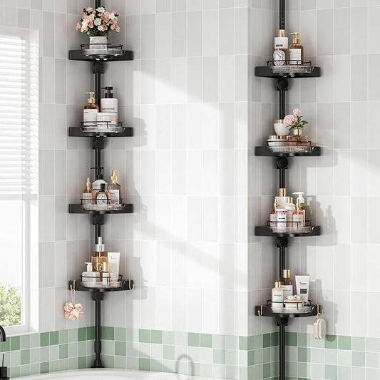 360° Rotating Corner Shower Caddy Tension Pole Organizer (Black) | 4-Tier rotating shelves with hooks, adjustable tray height, upgraded rustproof metal pole, removable trays for shower storage