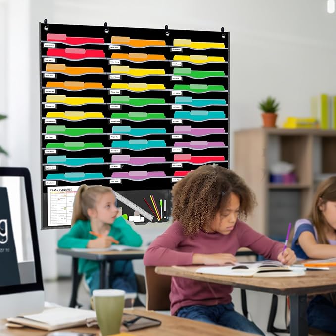 33 Pockets Hanging Wall File Organizer for Legal/ Letter Size Paper, Over the Door Organizer, 47½" x 45½" Pocket Chart for Classroom, Office, Warehouse, Home Use with 36 Name Tags & 8 Hooks