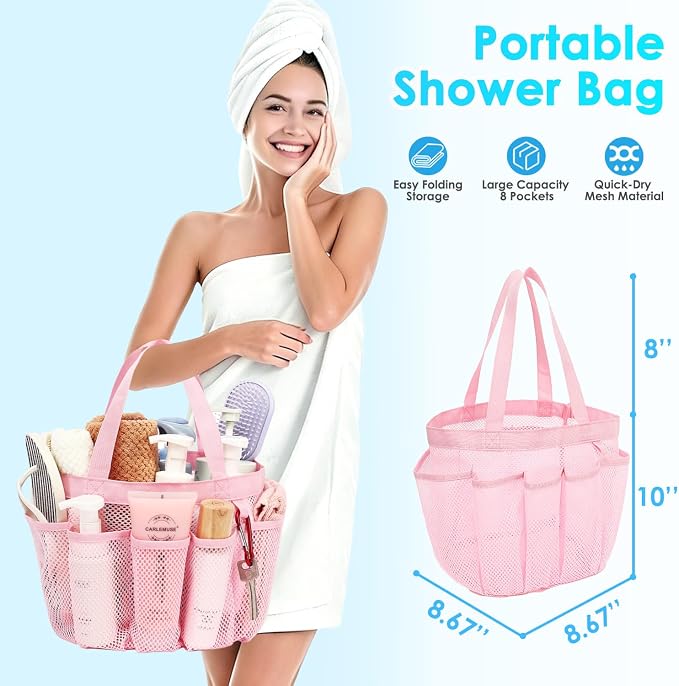 Fammart Mesh Shower Caddy Portable for College Dorm Room Essentials, Odorless Polyester Large Shower Tote Bag with Dual Handles, 8-Pocket Quick-Dry Toiletry Organizer for Travel, Beach, Camping, Gym