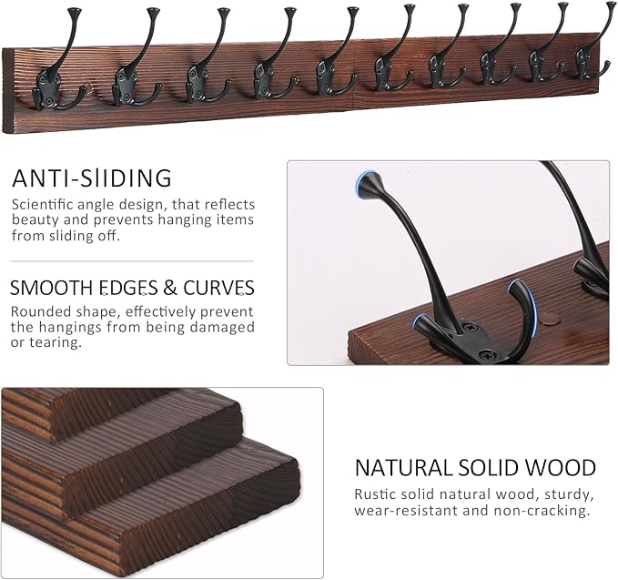 IBosins Brown Wood Wall Mounted Coat Rack, 34" Long with 10 Black Tri-Hooks | Burnt Finish Heavy Duty Wood Coat Hanger, Rustic Coat Hooks Rail for Entryway, Living Room, Coat, Scarf, Bag, Towel, Hat