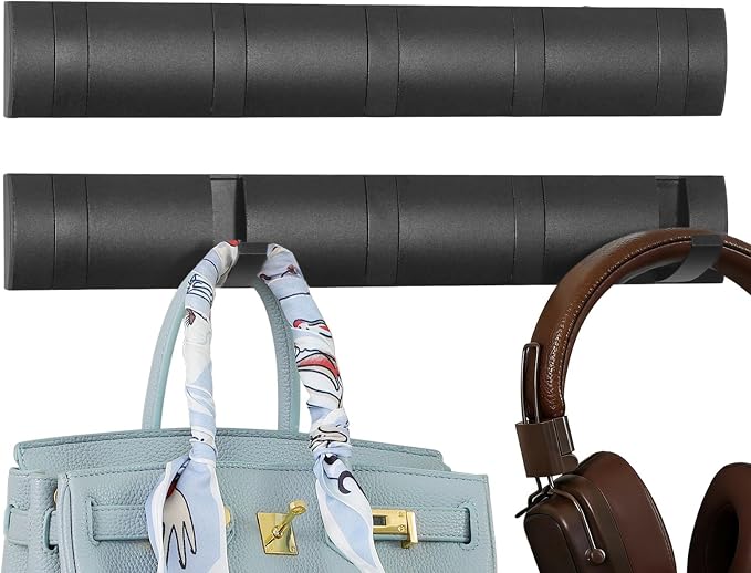 2 Pack Foldable Stylish Modern Hook Rack with 5 Hooks, Coat Hooks Wall Mount, Metal Coat Hook Rail for Coat Hat Towel Purse Robes Mudroom Bathroom Entryway (Black)