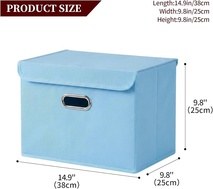 STOREONE Fabric Storage Cube Bins Foldable Organizer Container Collapsible Basket with Lids and Metal Handles, for Home, Bedroom, Closet 3 Pcs (multicolour-blue)