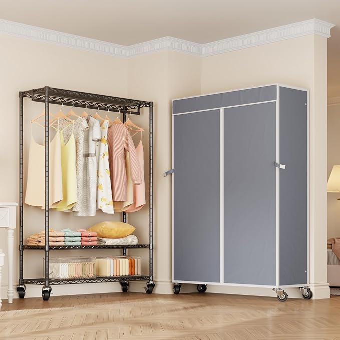 Higeego H4 Plus Rolling Clothes Rack with Cover, Black with Grey Cover | Heavy Duty Clothing Rack with Wheels, Portable Closet for Hanging Clothes, Wardrobe Closets Rack with Grey Oxford Cover