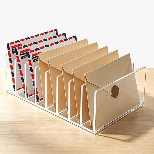 8 Compartments Clear Acrylic Mail Holder – Vertical Letter Sorter & Multifunction Desk Organizer for Bills, Documents, Notebooks – Modern Office/Home Envelope File Rack