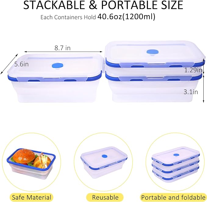 3 Pack Translucent Collapsible Silicone Food Storage Containers with Lids, 40.6oz Bento Lunch Boxes, for Kitchen, Office, Camping, Travel, BPA Free