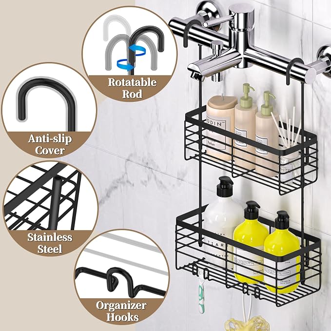 DELLAN 2-Tier Shower Hanging Caddy, Shower Rack with Hooks, Black | Over the Door Stainless Steel Hanging Orangizer and Basket