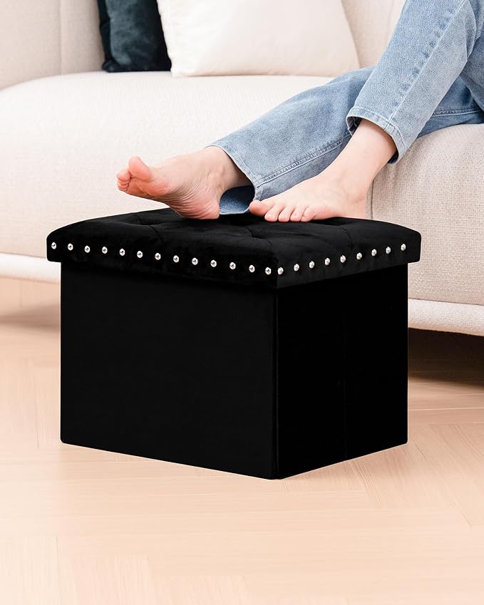 B FSOBEIIALEO Storage Ottoman Cube Folding Tufted Ottomans, Storage Boxes Footrest for Bedroom, Luxury Velvet Fabric 16.5 * 12.6 * 12.6 Inches Black