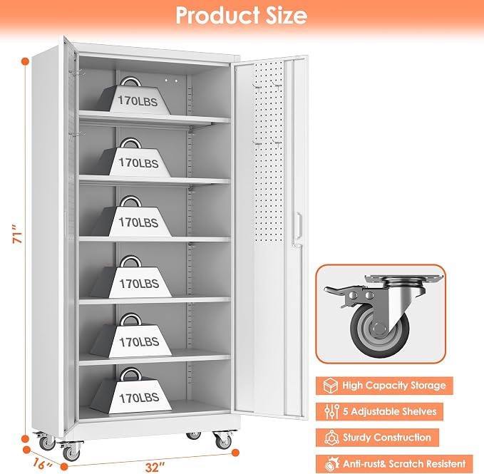 Aobabo 71" White Metal Storage Cabinet with Wheels and Pegboard | 16"D x 32"W x 71"H steel cabinet; lockable doors, 5 adjustable shelves, and wheels for garage, office, pantry.
