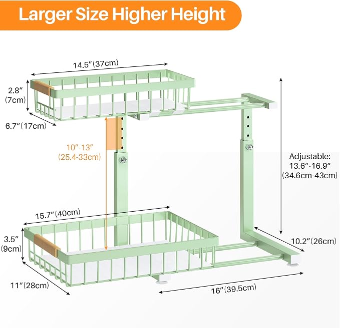 PXRACK Under Sink Organizer, Adjustable Height, 2 Tier Pull Out Under Cabinet Organizer, Slide Out Thickened Metal Under Sink Storage for Kitchen Bathroom Laundry Pantry Cabinet, Green, Large-1-Pack