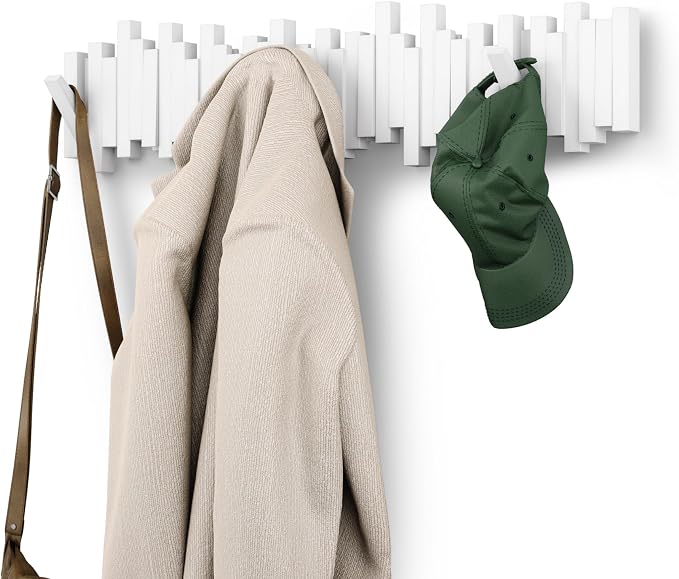 Umbra Sticks Wall Coat Rack, Wall Mount 8 Retractable Hooks, White | Modern sculptural look, holds five pounds each, fits entryways and bedrooms, easy to install, recycled plastic