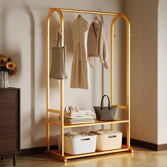 Gold clothing rack with bottom Storage shelves and 6 side hooks,Sturdy metal clothes rack for Hanging Clothes,Modern garment rack Wardrobe Rack for Bedroom or Boutique