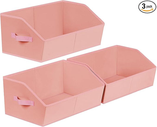 Homsorout Closet Baskets for Shelves Trapezoid - Decorative Storage Baskets with Handle, Closet Bins for Organization, Shelf Storage Bins for Clothes, Books, Home, Office, 3 Pack, Pink