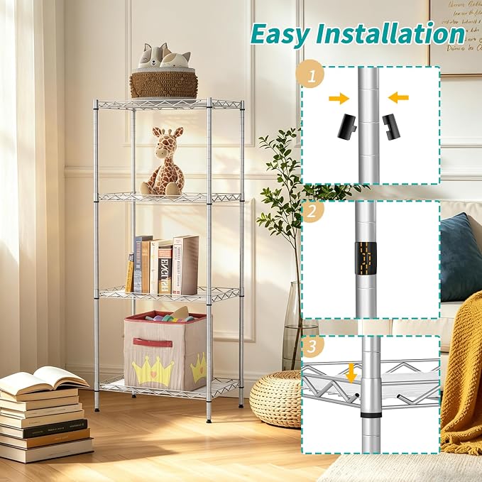 BestOffice | 4-Tier Wire Storage Shelves | 12"D x 18"W x 44"H | Chrome | with Adjustable Racks PP Liners | Compact Metal Shelf, Holds Upto 600 lbs | Ideal for Kitchens Closets Bathrooms Small Corners