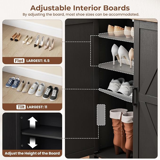 ALLSTAND 5-Tier Shoe Storage Cabinet, Farmhouse Shoe Rack Organizer Cabinet with 4 Adjustable Shelves & Side Cabinets, Freestanding Shoe Cabinet Storage with Anti-tip Fitting for Entryway, Black