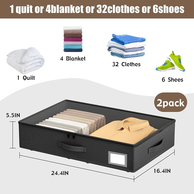 EE-RoomWorld Underbed Storage With Wheels, No Assembly Required - 5.5 Inch Height Black Underbed Bins, Low Profile Rolling Shoe Storage Containers for Dorm