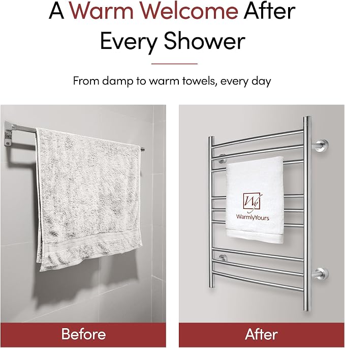 WarmlyYours Riviera Heated Towel Rack, 9 Bars, Polished Gold | Wall-mounted electric towel warmer, 150W, heated bars, dual connection for hardwired or plug-in installation