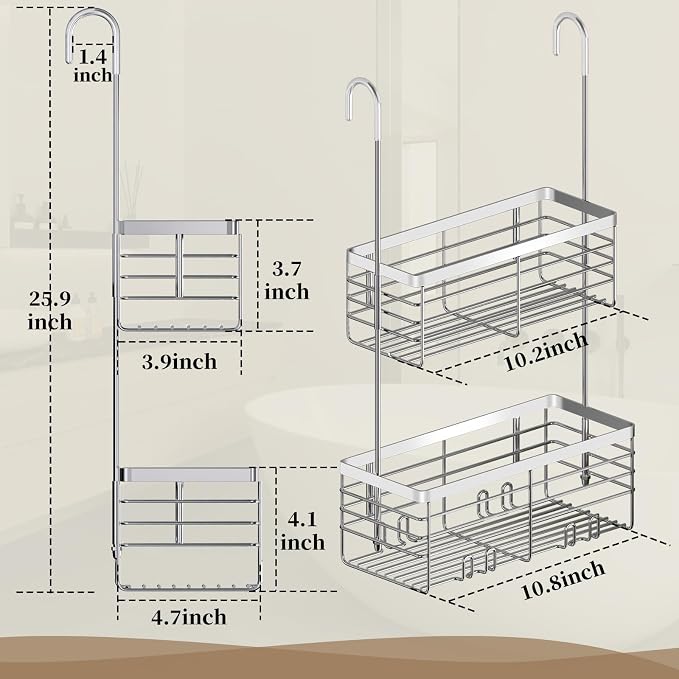 DELLAN Hanging Shower Caddy, 2-Tier Shower Rack with Hooks Over the Door | Bathroom Shower Caddy and Basket