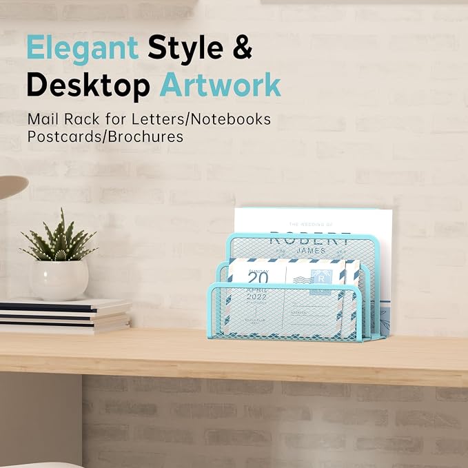 Mail Organizer Countertop for Desk, Mail File Holder with 3-Slot, Blue | Metal Mesh Mail Sorter for Letters, Envelopes, Bills, and Files for Home Offices, Classroom Organization