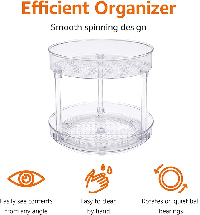 Amazon Basics Lazy Susan Turntable Organizer for Spices and Condiments, 9" Diameter, 2 Tier, Clear