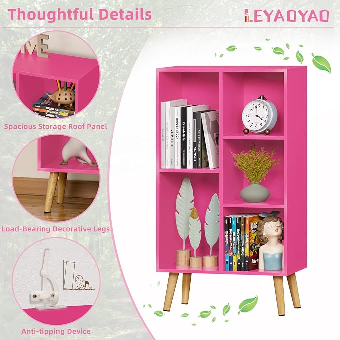 LEYAOYAO 5 Cube Bookshelf, Mid-Century Modern Book Shelf with Legs, Pink | 3 Tier Bookcase, Rustic Wood Bookshelves Freestanding Small Storage Organizer, Open Shelves for Bedroom, Living Room, Office