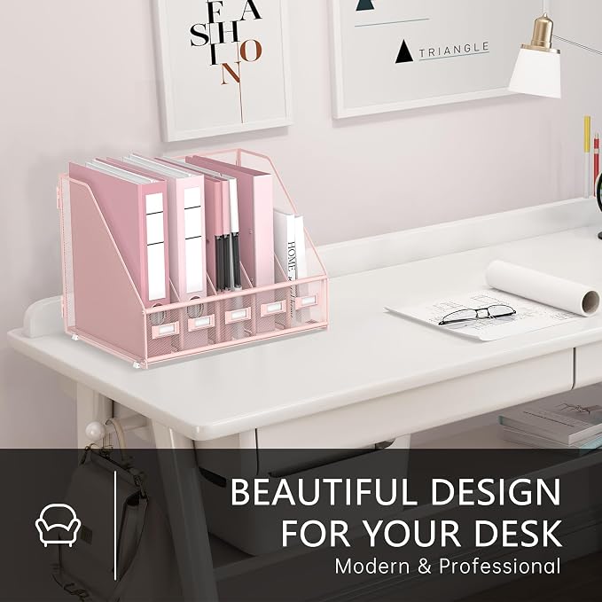 DALTACK 5-Slot Magazine File Holder, Metal Binder Holder, Pink | Iron Mesh Construction, Labeled Sections for Easy Sorting, Anti-Slip Feet, Binder and Folder Storage for Office, Classroom