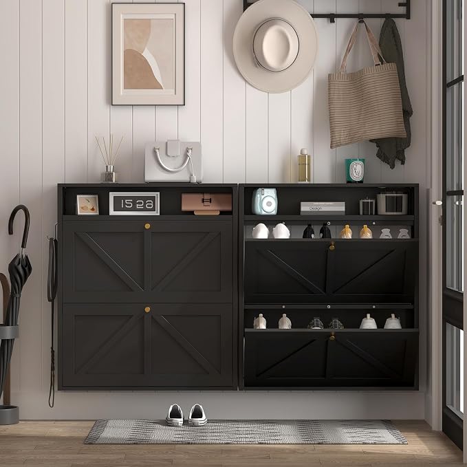 Hidden Shoe Rack, 2 Flip-Down Front Door Shoe Storage, Ultra Slim Shoe Cabinet Wall Mounted, Floating Shoe Storage Cabinet for Entryway, Space-Saving Moeden Cabinet for Small Place, Black