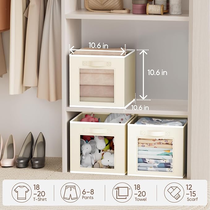 Storage Baskets for Organizing - 6 Pack Cube Storge Bins, Foldable Storage Bins with Handle, Closet Organizers and Storage Baskets for Toys, Clothes, Beige