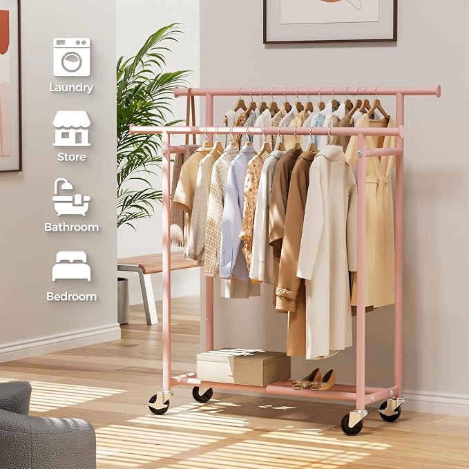 HYSEYY Clothes Rack, Double Rods Rolling Clothing Rack for Hanging Clothes, Portable Garment Rack with Wheels, Coat Rack Wardrobe Closet Load 240 LBS for Bedroom Laundry Room (Pink, L)