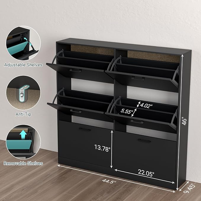 Shoe Cabinet with 6 Flip Drawers, Narrow Freestanding Shoe Organizer, Hidden Slim Shoe Storage Cabinet for Entryway, Hallway, Living Room, Black