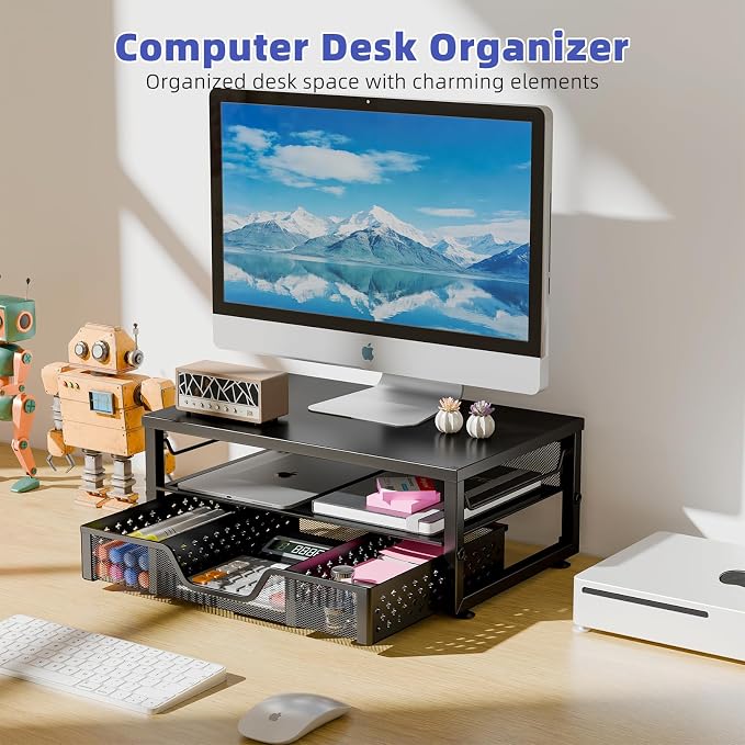 Simple Trending 2-Tier Monitor Stand Riser, Laptop & Printer Stand, Black | Metal Desk Organizer with Drawer, Desktop Organizer, Ergonomic Design, for Home Office, 16.34"W x 10.35"D x 3.5"H